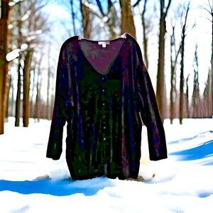 Woman Within Black Velvet Button Front Cardigan Top Plus Size 1X (22-24) V-Neck
